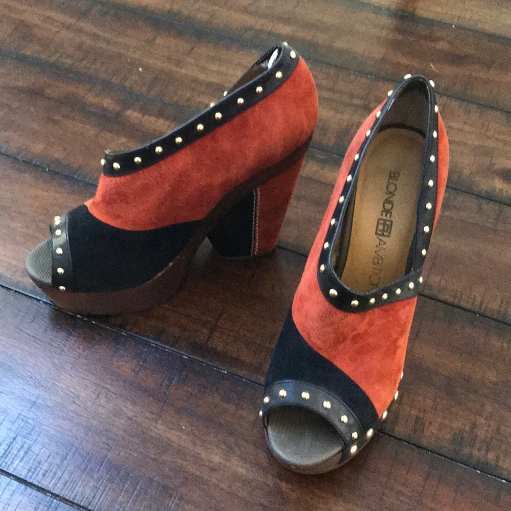 Blonde ambition orange and black suede shoes